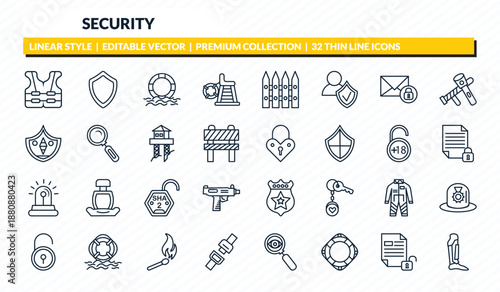 security icons set - reflective vest, black shield, float, unlocked file, leg protector outline vector collection.