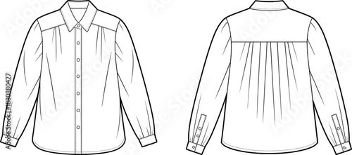 Technical fashion illustration of long sleeve button-up shirt, front and back view, garment construction, sewing design