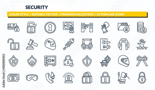 security icons set - locked card, unlock padlock, keyhole, airbag, padlock unlocked outline vector collection.