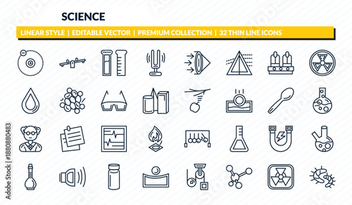 science icons set - electron, seesaw, test tube, radioactivity, microorgani from science collection. thin outline vector collection.