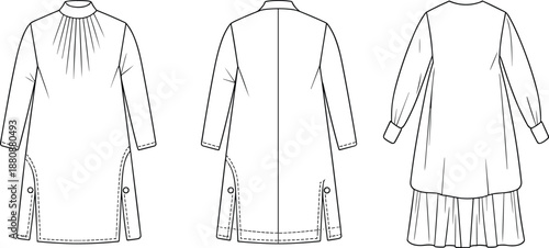 Technical fashion illustration of long sleeve dresses, pleated neckline, puff sleeves, garment construction, back and front views