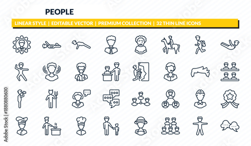 people icons set - preferences, iying down, push ups, standing frontal man, speak bubble outline vector collection.