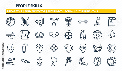 people skills icons set - radar detection, interior de, diving mask, cargo ship front view, rescuer outline vector collection.