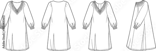 Technical fashion illustration, dress design blueprint, garment construction sketch, V-neckline embroidery, long sleeve A-line silhouette drawing