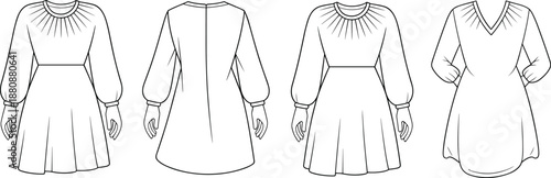 Technical fashion illustration, dress design sketch, garment construction reference, puff sleeve silhouette, pleated neckline, sewing pattern template