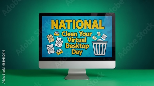 National Clean Your Virtual Desktop Day Illustration Showing File Icons and Trash Can on Monitor