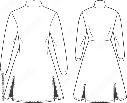Technical fashion illustration, long sleeve dress design, high collar, pleated skirt, garment construction, front and back view