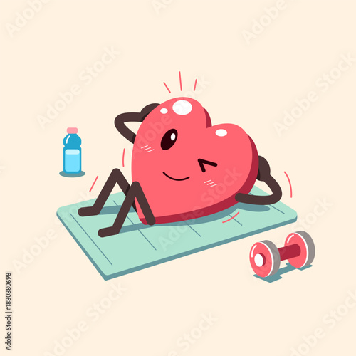 Cute cartoon heart character doing sit-ups on a yoga mat  for design.