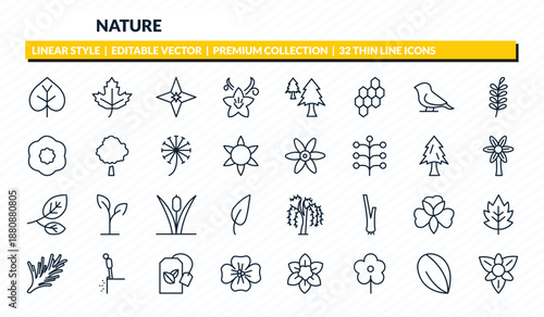 nature icons set - poplar, maple, gemstone, almond, gladiolus outline vector collection.