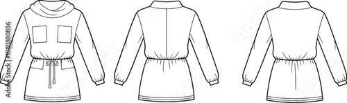 Technical fashion sketch of long sleeve tunic dress with cowl neck, drawstring waist, pockets, back seam, toggles