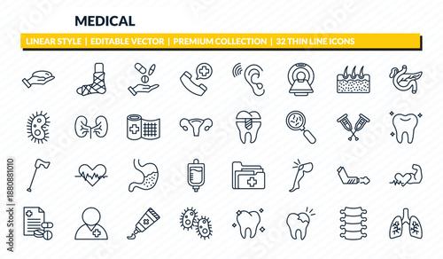 medical icons set - breast implant, plastered foot, antibiotic, spinal column, lungs outline vector collection.