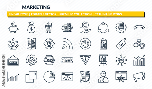 marketing icons set - pig bank, get money, buying, favorite web, promote outline vector collection.