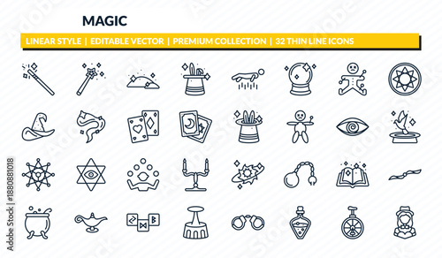 magic icons set - wand, magic, dust, unicycle, magic assistant outline vector collection.