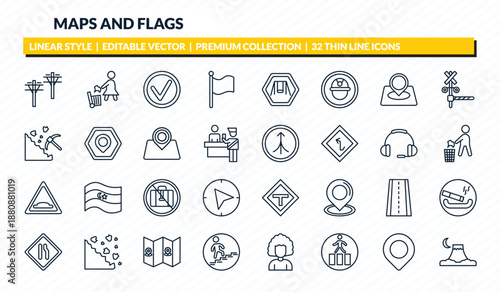 maps and flags icons set - pole, use dust bin, mark, locato, mount fuji outline vector collection.