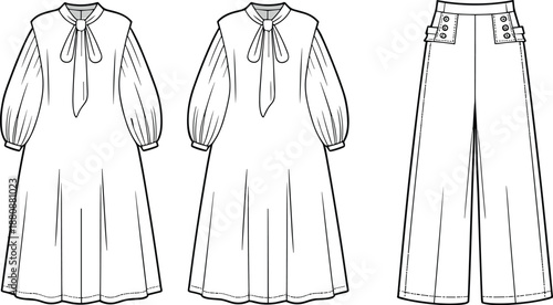 Technical fashion sketch, dress front and back view, wide-leg trousers, garment design, sewing pattern, apparel illustration, couture