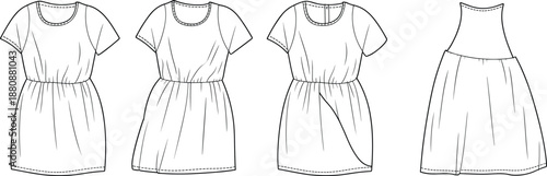 Technical fashion sketches of pleated dresses, short sleeves, structured bodice, garment design, sewing illustration, apparel concept drawing