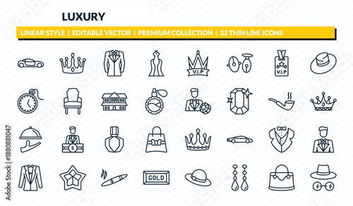 luxury icons set - lux car, crown, suit, handbag, ganster outline vector collection.