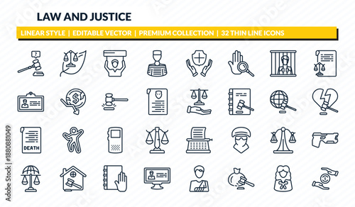 law and justice icons set - ask a lawyer, environmental law, civil rights, attorney, property and finance outline vector collection.