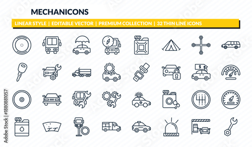 mechanicons icons set - car wheel, bus front view, car with umbrella, car in a gas station, repair wrenches outline vector collection.