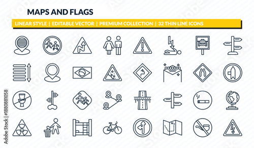 maps and flags icons set - placeholder point, crossing zone, right reverse curve, no smoking pipe, electrocutation danger outline vector collection.