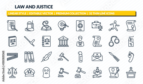 law and justice icons set - investigation, , criminal law, wills and trusts, court trial outline vector collection.