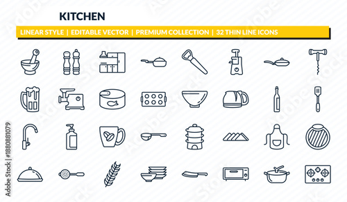 kitchen icons set - mortar, salt and pepper, kitchen cabinet, pot, stove outline vector collection.