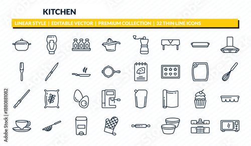 kitchen icons set - saucepan, sauces, seasoning, kitchen, microwave oven outline vector collection.