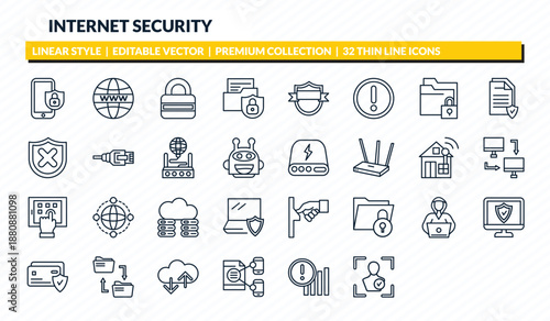 internet security icons set - insecure, mobile phone security, internet, connection error, facial recognition outline vector collection.
