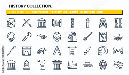 history collection. icons set - face, swords, greek, sphinx, diaur outline vector collection.