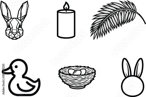 Black and white Easter icons with rabbit duck candle and nest