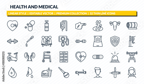 health and medical icons set - beat, antibiotics, punching bag, injection, girl outline vector collection.