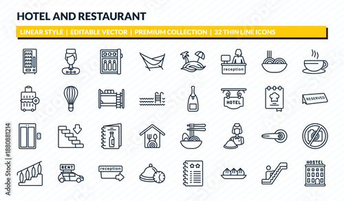hotel and restaurant icons set - vending hine, bellboy, minibar, or, hostel outline vector collection.