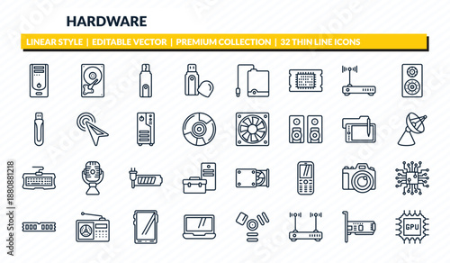 hardware icons set - system unit, harddrive, flash card, network interface card, gpu outline vector collection.