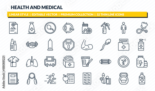 health and medical icons set - medical report, medical substance, spermatozoon, kettlebell, syrup outline vector collection.