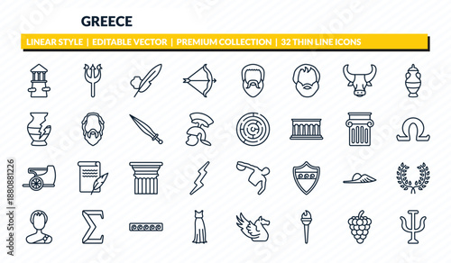 greece icons set - olympus, poseidon, ink and quill, grapes bunch, psi outline vector collection.