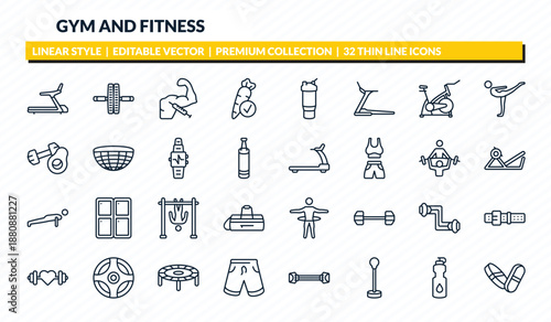 gym and fitness icons set - training apparatus, fitness wheel, steroids, isotonic, pill and tablet outline vector collection.