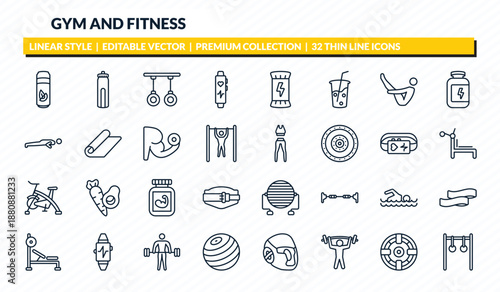 gym and fitness icons set - fitness drink, hydratation, gymnastic rings, iron shoot, rings exercises outline vector collection.