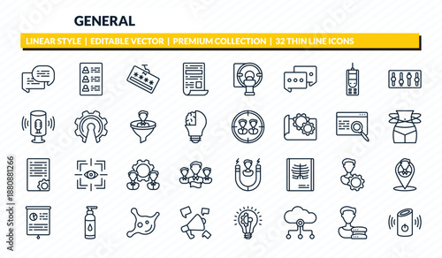 general icons set - text chat, profile list, password phishing, user data, smart speaker outline vector collection.