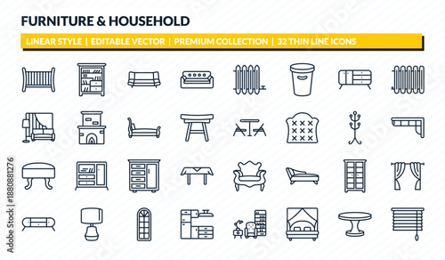 furniture & household icons set - crib, shelf, divan, dining table, window coverings outline vector collection.