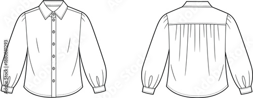 Women's blouse technical fashion sketch, front and back view, button-down shirt, long sleeves, pleated yoke, princess seams