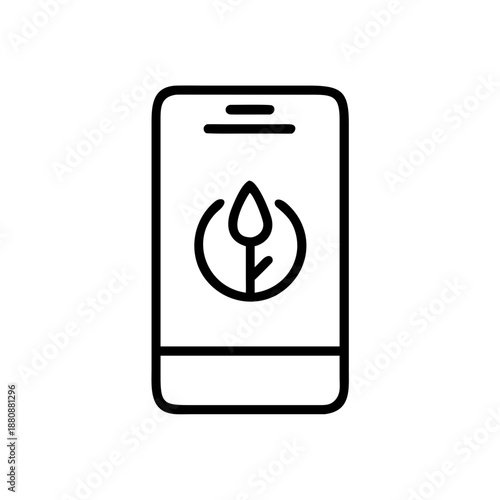 Smartphone with plant icon. Mobile education, nature, ecology, healthy food, and organic lifestyle concept. Outline vector symbol