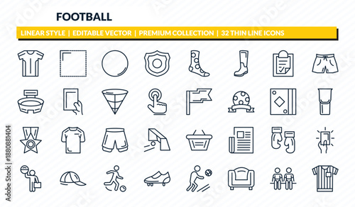 football icons set - soccer jersey, corner, red, player substitution, referee jersey outline vector collection.