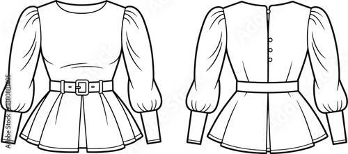 Women's blouse fashion sketch, puff sleeves, peplum waist, belt detail, technical illustration, garment design, front back view