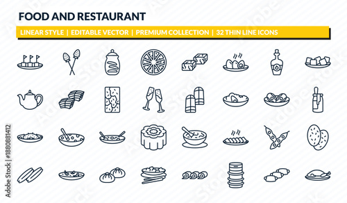 food and restaurant icons set - maria mole, tanghulu, cookies jar, doguinho, peking duck outline vector collection.