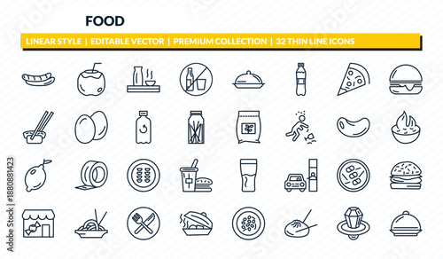 food icons set - sausages, drink in a coconut, sake, ring pop, covered food tray outline vector collection.