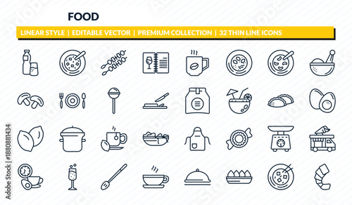 food icons set - drink water, winter melon soup, kebab, mapo tofu, shrimps outline vector collection.