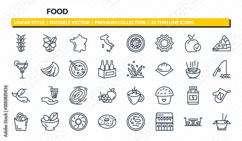 food icons set - ear of wheat, chinese food, french, bistro, chinese food box outline vector collection.