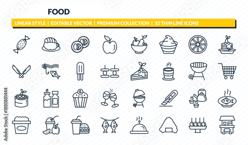 food icons set - toffee, sushi prawn, sushi roll, dish and toothpick, popcorn shop outline vector collection.