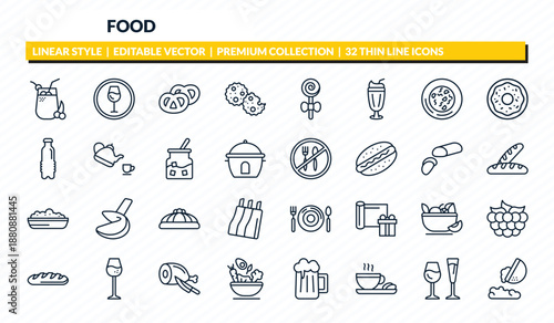food icons set - fresh smoothie, drinking zone, pretzel, alcoholic drinks, fallen outline vector collection.