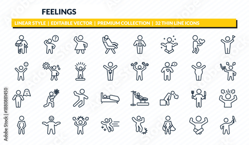 feelings icons set - broken human, curious human, beautiful human, relieved awful outline vector collection.